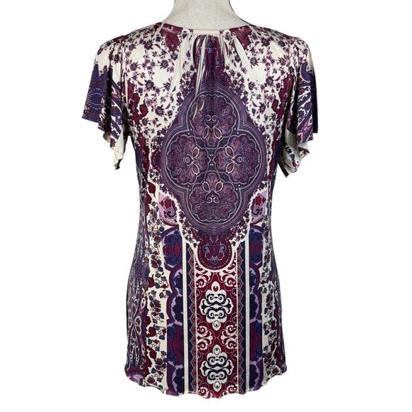 One World Medium Tunic Top Floral Sublimation Stretch Crochet V-Neck Pullover - Picture 4 of 8